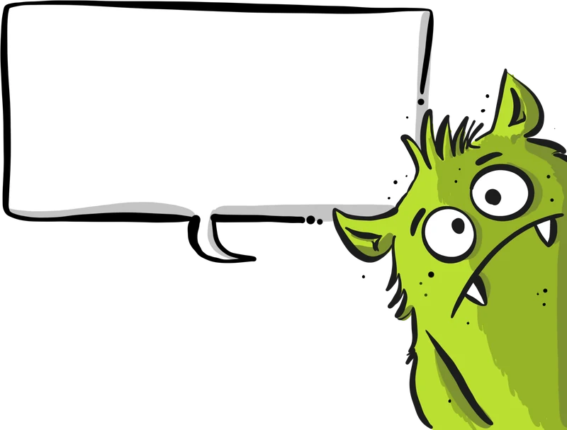 Ein limettengrünes Monster schaut vom rechten Rand neben einer leeren Sprechblase herein