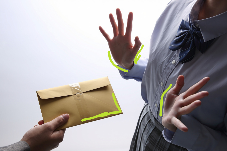 One hand holds out an envelope while a person in a shirt and bow tie raises both hands in refusal, with green hand-drawn marks on the hands and the envelope, a symbol for hesitation and for ownership