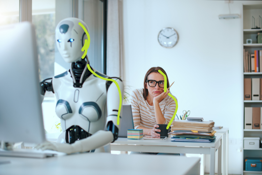 Humanoid robot working at a computer in an office, behind it a woman with glasses resting her head thoughtfully on her hand next to a stack of files, with green hand-drawn marks on the robot and the woman, a symbol for AI in the team and for ownership