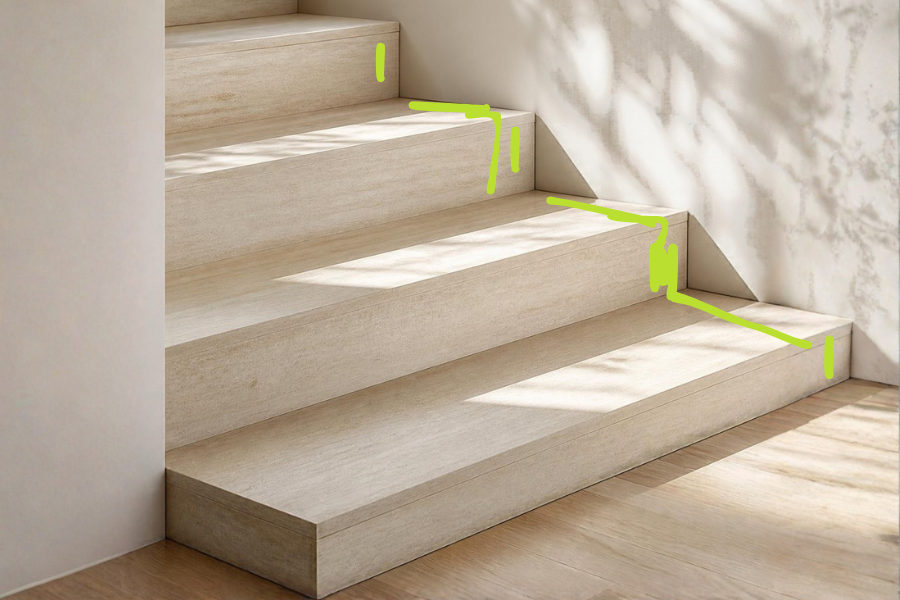 Light staircase with four steps in sunlight, plus a green hand drawing that traces the steps one by one