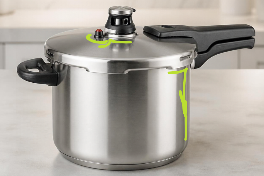 Stainless steel pressure cooker with a valve and a red pressure indicator on a light countertop, plus green hand drawings on the valve and on the side of the pot