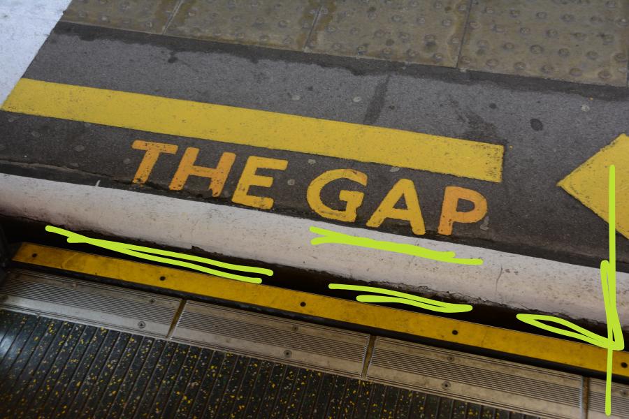 Bahnsteigkante mit gelber Linie und der Aufschrift THE GAP, darunter die Lücke zum Zug, dazu grüne Handzeichnungen entlang der Lücke